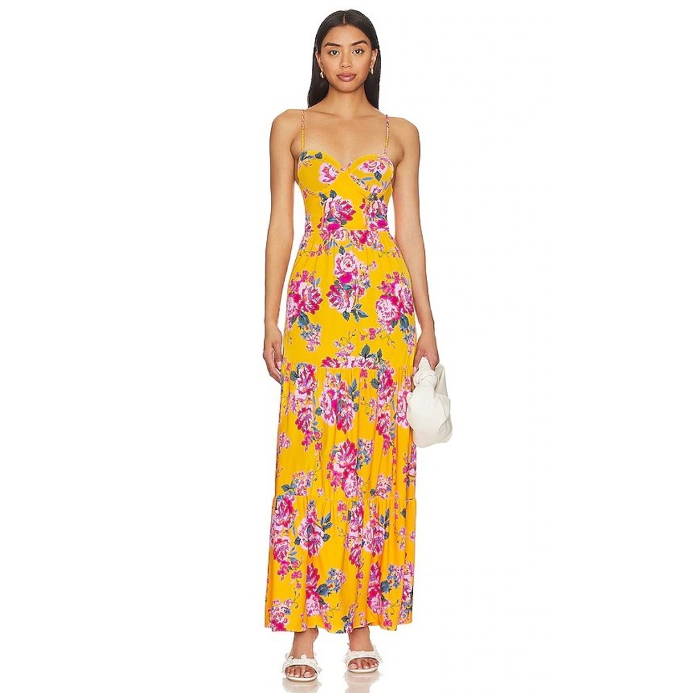 Maaji Yellow‎ Floral Bustier Maxi Dress Lace Up Back Tiered Summer Size Medium